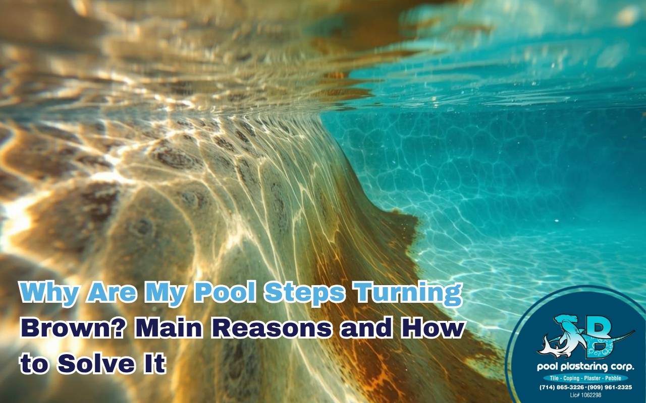 Brown stains forming on pool steps due to metal oxidation