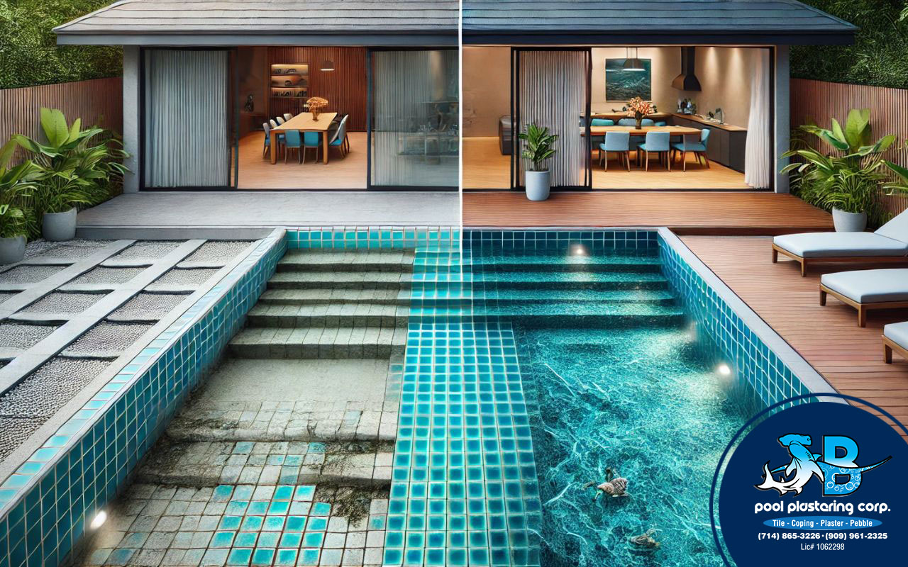 Before and after images of a pool renovation highlighting dramatic improvements