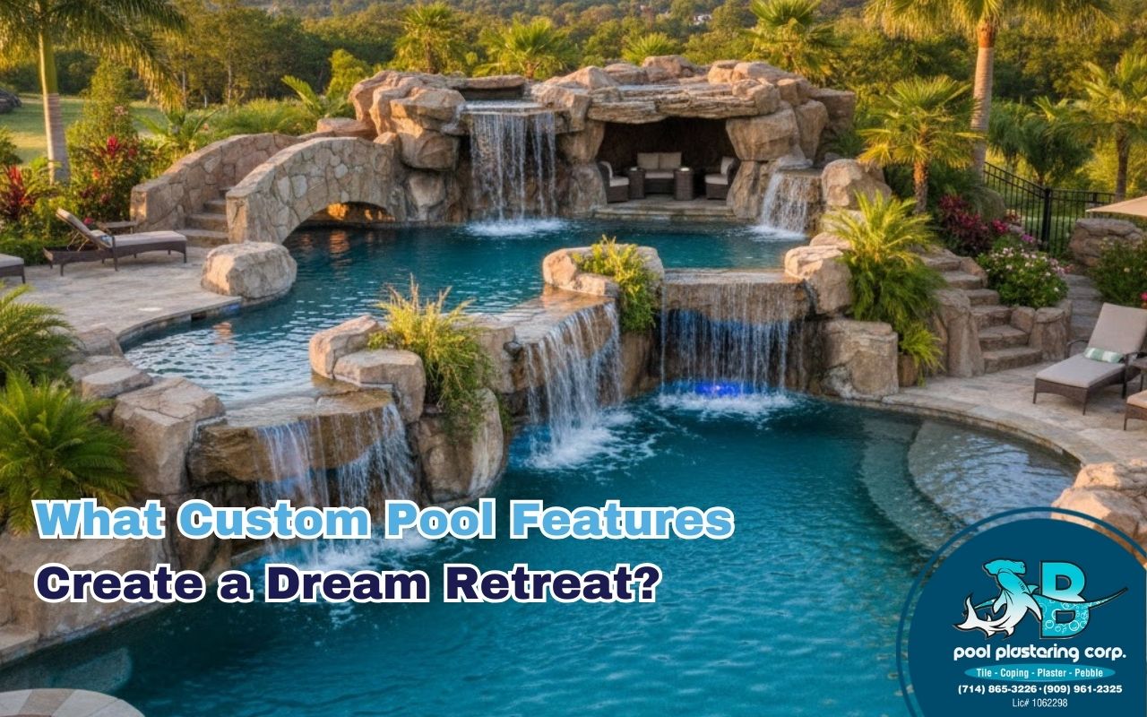 Backyard pool with custom pool features and a natural rock waterfall