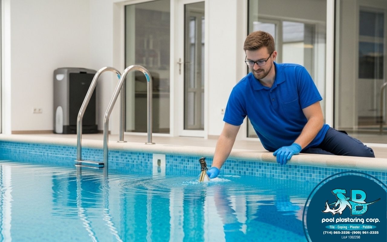 technician following a spring start checklist with pool water testing