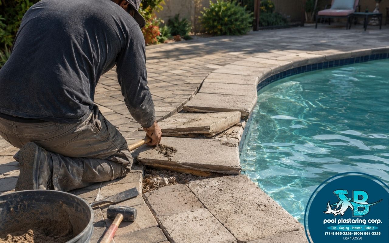pool coping repair for loose stones around a backyard pool