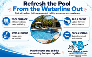 Pool renovation infographic covering surface, tile, coping, lighting, deck, and seating improvements.